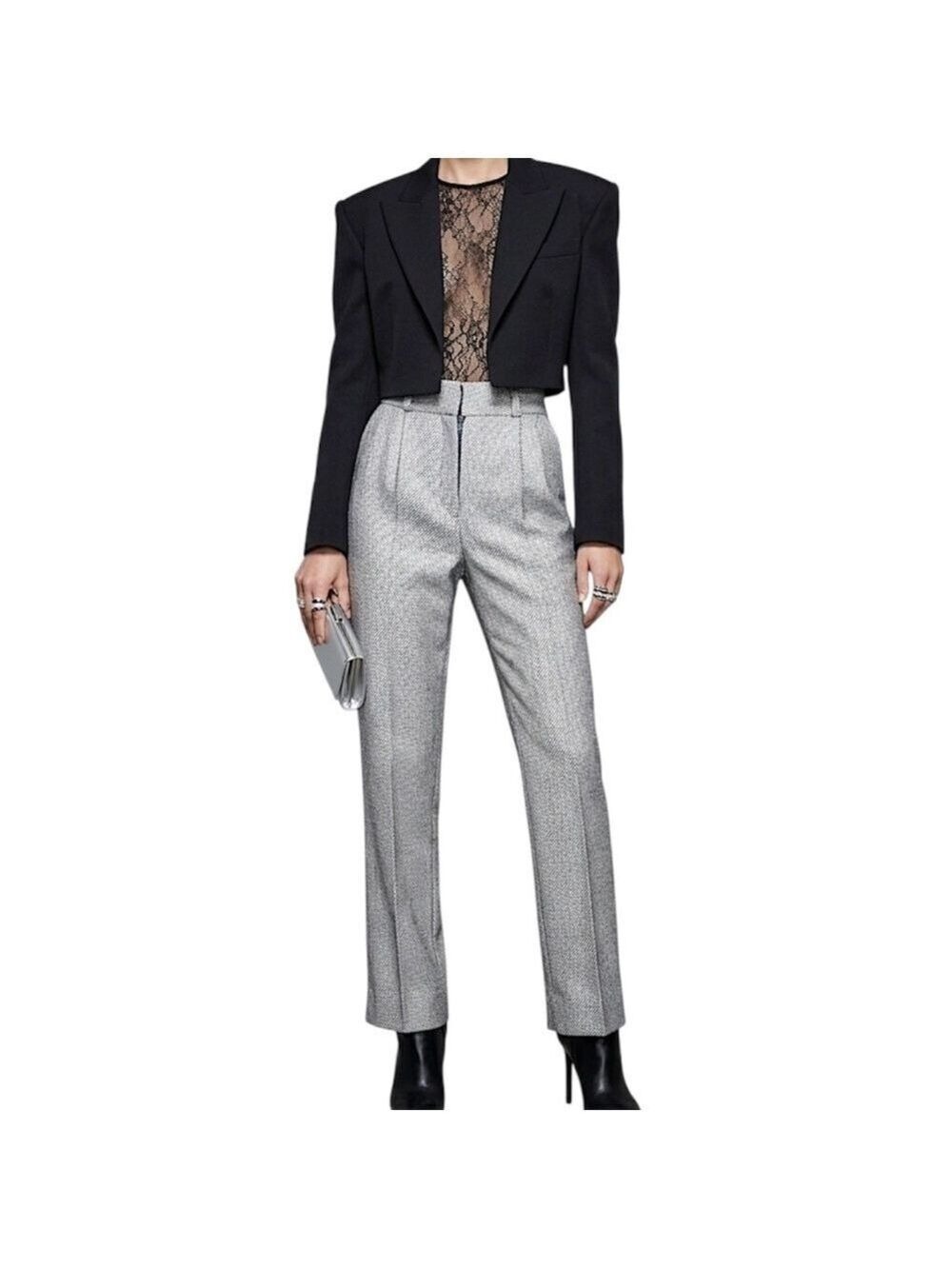 Vintage silver grey textured high rise tailored old money straight leg trousers